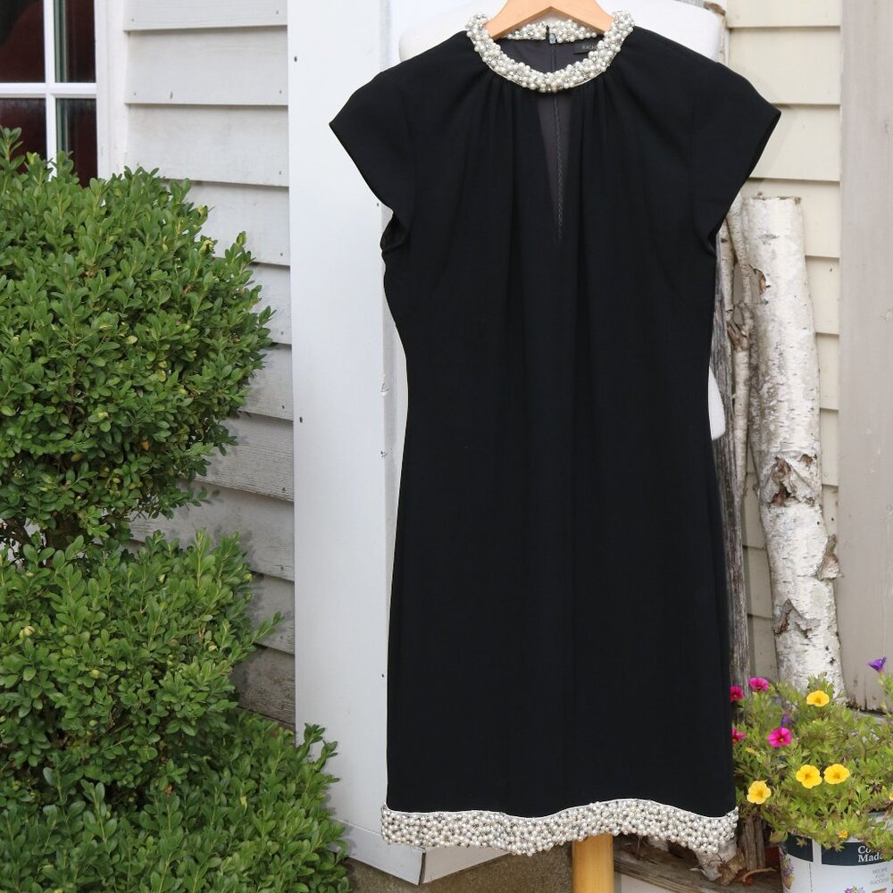 Rachel Zoe Black Pearl Trim Pleated Keyhole Neck Cap Sleeve Sheath  Dress Sz 6